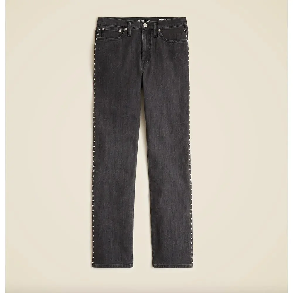 J.Crew Studded High Rise Straight Jean 1996 Semi Stretch Washed Black US 29 MWT